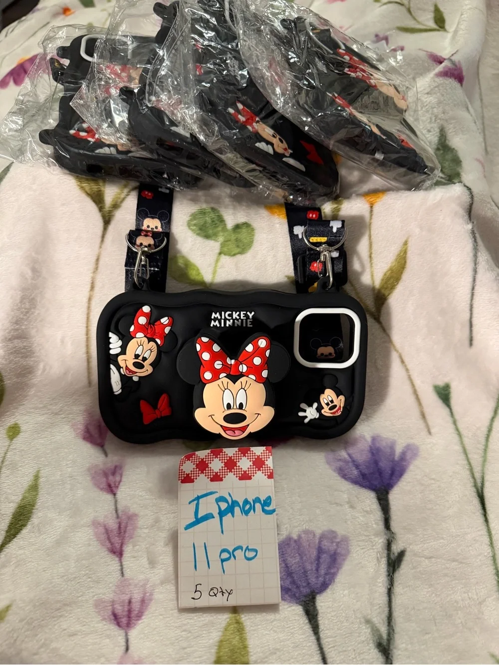 5‼️ Minnie Mouse Silicone Crossbody Pop-Socket iPhone Case - Black with Red Bow